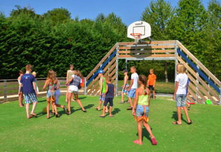 Børn leger sammen på en grøn legeplads ved en basketballkurv i Camping Le Coin Tranquille, Frankrig.