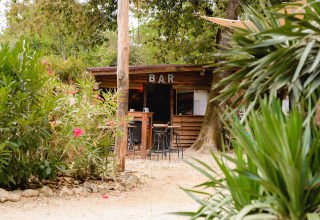 Buitenbar tussen het groen op Camping Le Pech Charmant, een vakantiepark in Nouvelle-Aquitaine, Frankrijk.