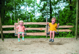 Twee kinderen lachen en schommelen in de speeltuin bij Camping Le Pech Charmant, Nouvelle-Aquitaine, Frankrijk.