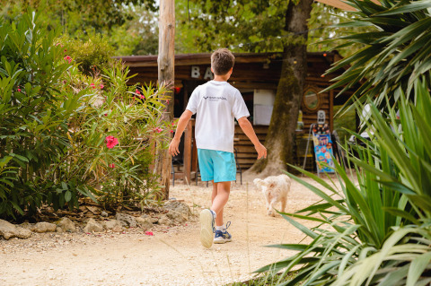 Jongen wandelt met hond langs grindpad tussen groen op Camping Le Pech Charmant, Frankrijk.