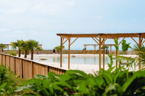 Relaxing view of Camping Le Sequoia holiday park in Nouvelle-Aquitaine, France, with pool and palm trees.