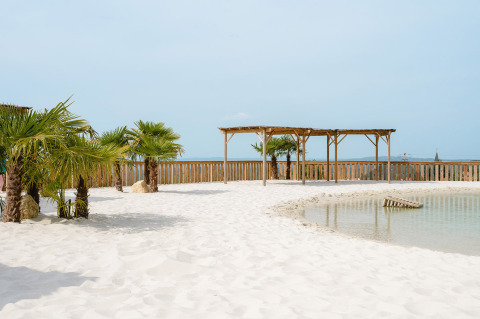 Highlights of Camping Le Sequoia: sandy beach, palm trees, and lagoon at a holiday park in Nouvelle-Aquitaine, France.