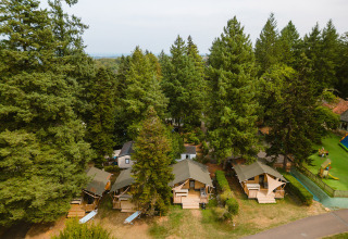 Vista aérea de cabañas entre altos árboles en Camping Le Sequoia, parque vacacional en Nouvelle-Aquitaine, Francia.