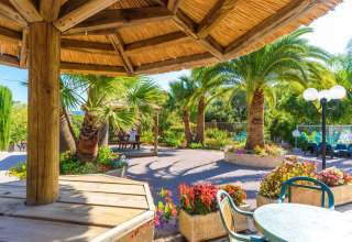 Buitenruimte bij Camping Leï Suves met palmbomen, kleurrijke bloemen, schaduwrijke zitjes en zonnige sfeer.