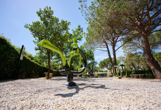 Attrezzo ginnico all’aperto tra gli alberi al Camping Leï Suves, Provenza-Alpi-Costa Azzurra, Francia.
