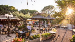Zona de comedor al aire libre en Camping Leï Suves, Provenza, con palmeras, flores y comensales felices.