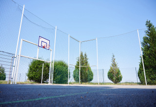 Udendørs basketballbane med høje sikkerhedsnet, grønne buske og træer under en klar blå himmel.