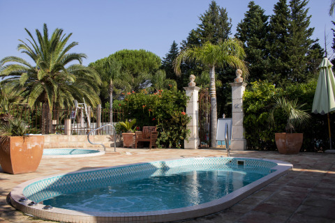 Piscina all'aperto circondata da palme e vegetazione al Camping Les Pêcheurs, Provence-Alpes-Côte d’Azur, Francia.