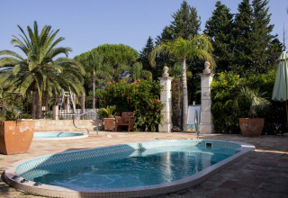 Piscina all'aperto circondata da palme e vegetazione al Camping Les Pêcheurs, Provence-Alpes-Côte d’Azur, Francia.