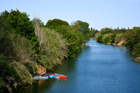 Serene river lined with lush greenery and colorful boats at Camping Les Pêcheurs in Provence, France.