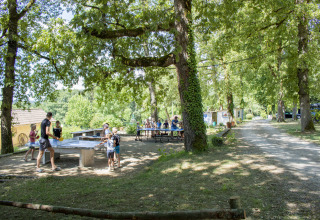 Børn og voksne spiller bordtennis i skyggen af træer på Camping Lestaubière i Nouvelle-Aquitaine, Frankrig.