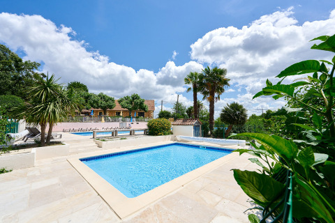 Piscina al aire libre en el camping Lestaubière en Nouvelle-Aquitaine, Francia, rodeada de vegetación tropical.