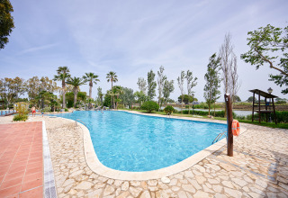 Swimmingpool ved Camping Nautic Almata i Catalonien, Spanien, omgivet af palmer og naturlige omgivelser.