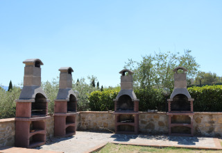 Area barbecue all'aperto con quattro griglie in pietra al Camping Pian Di Boccio, circondata dal verde.