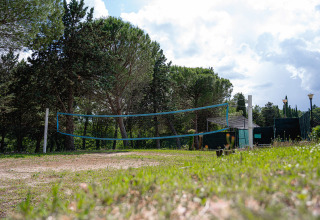 Cancha de voleibol al aire libre con red en un campo de césped rodeado de árboles en Camping Pian Di Boccio, Umbría.