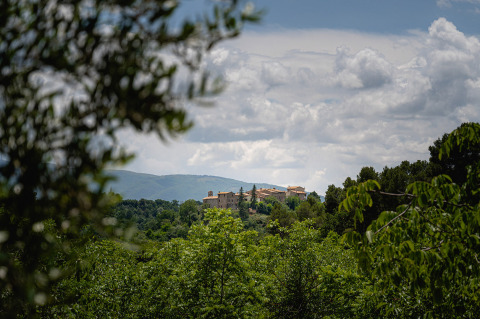 Distant view of Camping Pian Di Boccio holiday park in Umbria, Italy, surrounded by lush green trees.