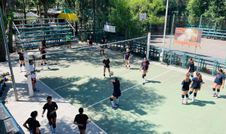 Unge spiller volleyball på en udendørs bane omgivet af træer og tilskuere i Camping Punta Navaccia, Umbrien.
