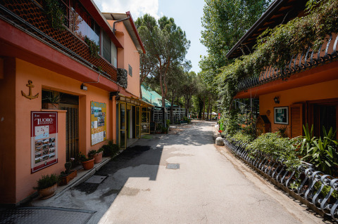 Weg im Ferienpark Camping Punta Navaccia in Umbrien, Italien, flankiert von bepflanzten Gebäuden.
