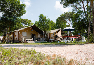 Tende e area relax tra gli alberi nel campeggio Punta Navaccia, villaggio vacanze in Umbria, Italia.