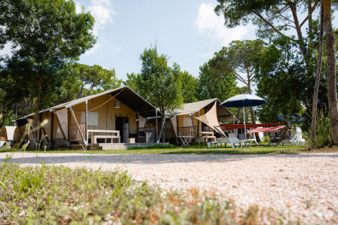 Tende e area relax tra gli alberi nel campeggio Punta Navaccia, villaggio vacanze in Umbria, Italia.