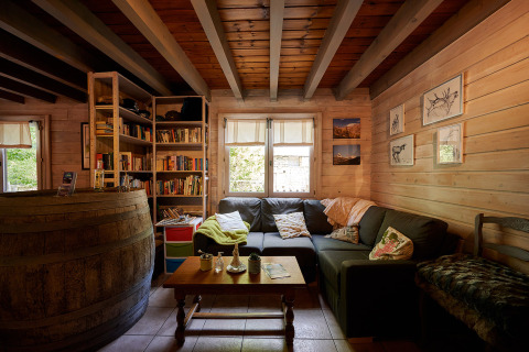 Soggiorno accogliente con pareti in legno, libreria, divano e tavolino a Camping River, Provenza.