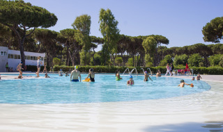 Familias disfrutan en la piscina al aire libre de Camping Roma Capitol en Lazio, Italia, rodeados de árboles.