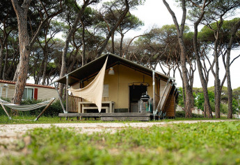 Tienda safari Villatent Nomad en Camping Roma Capitol, Italia, rodeada de altos pinos y naturaleza.