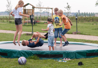 Kinderen amuseren zich op een grote trampoline in FarmCamps Op Flakkee, vakantiepark Zuid-Holland.