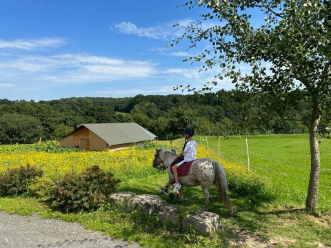 Barn rider på en plettet pony på en grøn mark ved FarmCamps Soodehof Eins, Hesse, Tyskland, om sommeren.