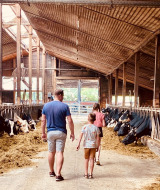 Familie spaziert durch den Kuhstall von FarmCamps Soodehof Eins im hessischen Ferienpark in Deutschland.