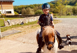 Et barn med hjelm rider på en pony på FarmCamps Soodehof Eins i Hesse, Tyskland, en solrig dag.