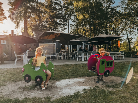 Zwei Kinder spielen auf einer Schaukelspielzeug auf dem Spielplatz bei Camping het Horstmannsbos in Drenthe.