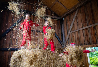 Kinder spielen fröhlich im Heu in einer Scheune, tragen rote Anzüge bei FarmCamps Fleur Stables, Niederlande.