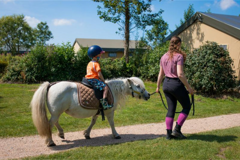 Un bambino cavalca un piccolo pony guidato da un adulto a FarmCamps Fleur Stables in Olanda Settentrionale.