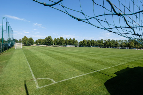 Soccer field with net and trees at Camping Terme Catez, Lower Sava Statistical Region, Slovenia.