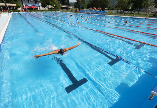 Ein Schwimmer schwimmt im Freibad von Camping Terme Catez in Slowenien, umgeben von Bäumen und Bergen.