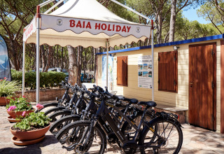 Bike rental stand at Camping Village Baia Blu La Tortuga holiday park in Sardinia, Italy, under tent.