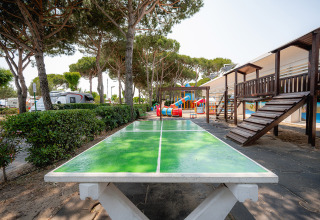 Camping Village Cavallino: tavolo da ping pong, area giochi, alberi e strutture in un villaggio vacanze in Veneto.