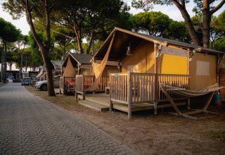 Glamping tenten met veranda en hangmat onder pijnbomen bij Camping Village Cavallino, Veneto, Italië.