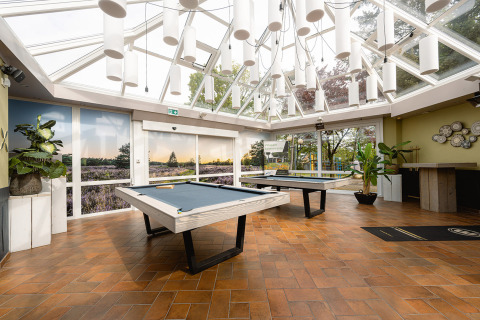 Sala de juegos luminosa con mesas de billar y grandes ventanales en Holiday Park Ackersate, Gelderland, Países Bajos.