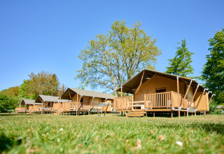 Wooden cabins with canvas roofs at Holiday Resort de Bronzen Emmer, Drenthe, Netherlands, on a sunny day.