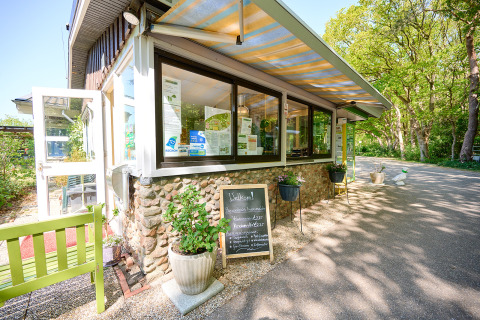 Ingresso dell'Holiday Resort de Bronzen Emmer a Drenthe, Paesi Bassi, tra vegetazione e cartelli informativi.