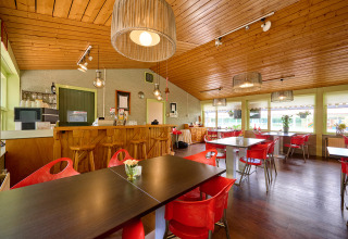 Hyggelig café med træloft, moderne lamper, røde stole og store vinduer i Holiday Resort de Bronzen Emmer.
