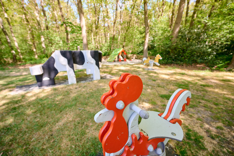 Legeplads med farverige legeredskaber og dyrefigurer i naturen på Holiday Resort de Bronzen Emmer i Drenthe.