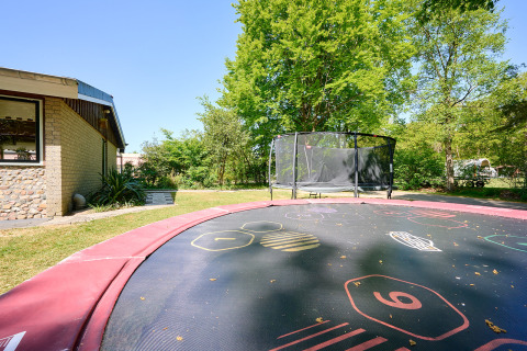 Trampolín al aire libre y casa en Holiday Resort de Bronzen Emmer, Drenthe, Países Bajos, rodeados de árboles.