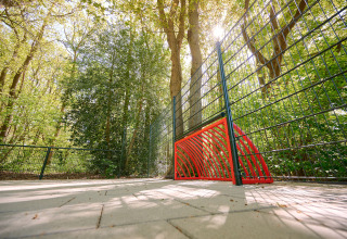 Fodboldbane med rødt mål i skovområde i ferieparken de Bronzen Emmer i Drenthe, Holland, solskin