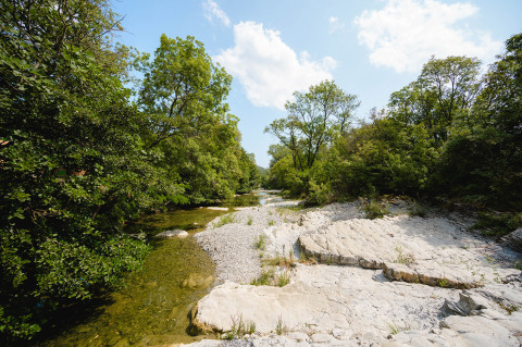 Uitzicht bij Medrose Camping in Auvergne-Rhône-Alpes, Frankrijk, met rivier, rotsen en bomen onder een blauwe hemel.