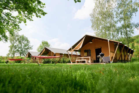 Glamping-telte og hængekøjer på grønne græsplæner i Parc de Witte Vennen, Limburg, Holland.