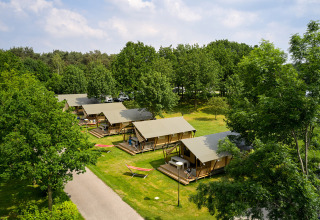 Luftfoto af glamping-telte blandt træer i ferieparken Parc de Witte Vennen, Limburg, Holland.