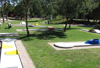 Minigolfbane under træer i det fri i Parc de Witte Vennen, en feriepark i Limburg, Holland.